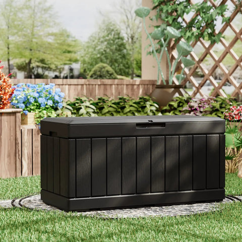 82 Gallon Resin Outdoor Storage Box All Weather Deck Box For Patio Furniture Toys Garden Tools Lockable Black Weatherproof Outdoor Storage Solution Keeps Your Yard Clean And Chill shown in garden setting