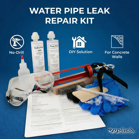 Water Pipe Leak Repair Kit with polyurethane sealant, applicator, safety goggles for smooth DIY setup. Ditch That Drip Forever With This Complete Polyurethane Leak Repair Foam Kit For Pipe Penetrations And Foundation Cracks Up To One Inch, Smooth Sailing DIY Setup Included.