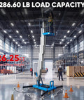 Slick Electric Hydraulic Single Mast Lift, 26.25 Ft Max Platform Height, 286 Lb Load Capacity in a spacious warehouse.