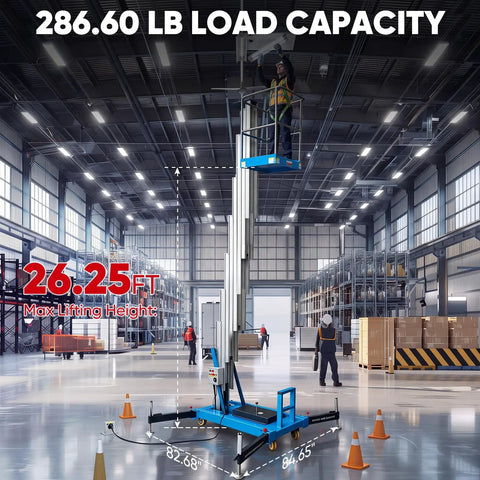 Slick Electric Hydraulic Single Mast Lift, 26.25 Ft Max Platform Height, 286 Lb Load Capacity in a spacious warehouse.