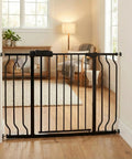 No Sweat Setup Extra Wide Baby Gate For Doorways And Stairs Adjustable Swing Walkthrough Safety Barrier in black metal.