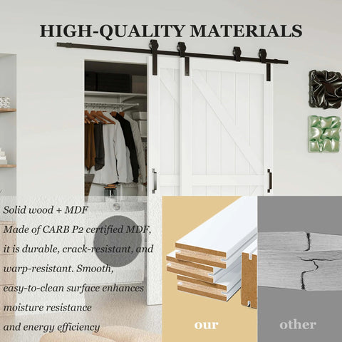 Space Saving Bypass Barn Door Kit 60 By 84 Inch With 6 Foot Hardware For Single Track Doors On Double K Frame Doors MDF White DIY Painted Finish Easy To Install shown in modern interior, highlighting smooth MDF material and dual door setup.
