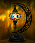 Turkish Moon Shaped Mosaic Table Lamp With Stained Glass Shade, Handmade Boho Vintage Desk Light, Moroccan Inspired