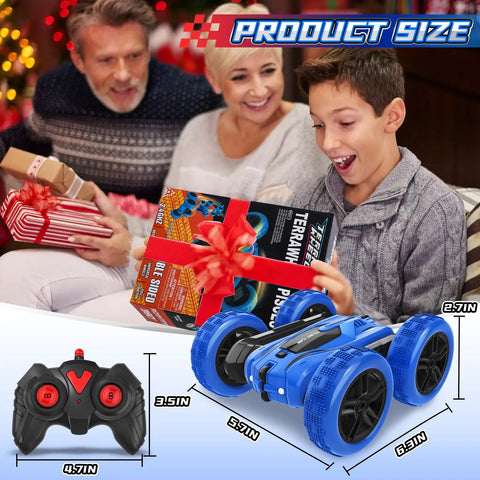 Boy receiving Double Sided 360 Degree RC Stunt Car With 4WD Power 2.4GHz Remote Control, smiling with family.
