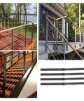 Four Pack Premium Stainless Steel Cable Railing Hardware Kit Featuring Threaded Wire Rope Terminals And Heavy Duty Locking Cable Tensioners Designed For Real Backyard Or Deck Builds That Click Into Place Smooth And Stay Locked Tight with deck and stair railing images.