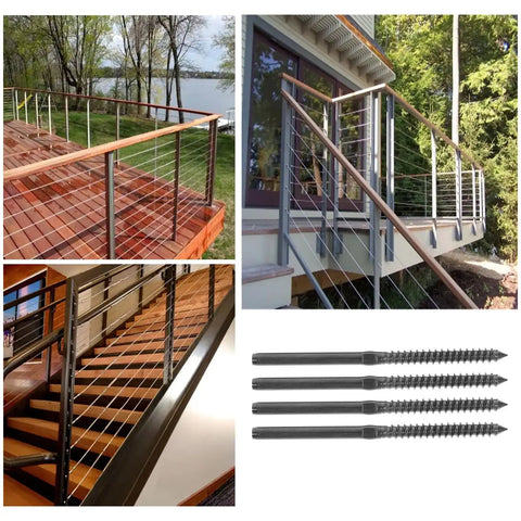 Four Pack Premium Stainless Steel Cable Railing Hardware Kit Featuring Threaded Wire Rope Terminals And Heavy Duty Locking Cable Tensioners Designed For Real Backyard Or Deck Builds That Click Into Place Smooth And Stay Locked Tight with deck and stair railing images.