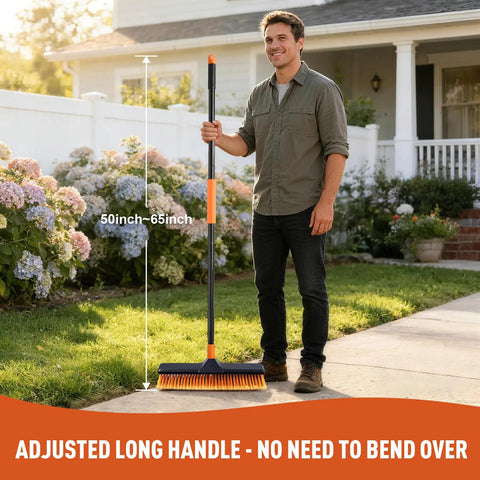 18 Inch Push Broom Outdoor Heavy Duty Beast for garages, driveways, and decks with durable iron handle shown in garden