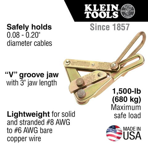 Chicago Grip For Bare Wire With Three Inch Jaw, V Groove Cable Clamp, Handles Solid And Stranded 8 AWG To 6 AWG Copper, 1500 lb, Made In USA