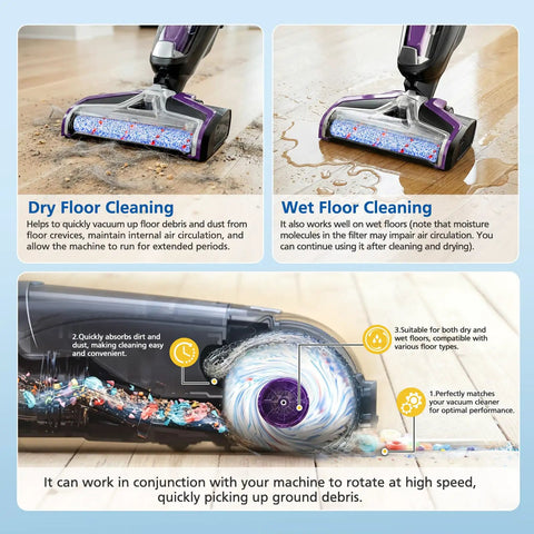 CrossWave Replacement Brush Kit With Three Multi Surface Brush Rolls And Three Vacuum Filters For Easy Clean Up Fits 1608683 160 8683 1608684 Models Ready To Go, showcasing dry and wet floor cleaning feature image showing a close-up of vacuum effects