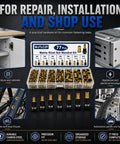 Pro Grade Rivet Nut Tool Set For DIY Metalwork, Manual Rivet Gun Head Kit With Interchangeable Mandrels 5 6 7 And Nuts 50 60 70, Metric Range M3 To M12, Heavy Duty, Easy To Use, Beef Up Your Sheet Metal Fabrication. 77-piece M3-M12 rivet nut mandrel kit with gold inserts and storage case
