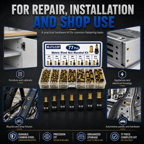 Pro Grade Rivet Nut Tool Set For DIY Metalwork, Manual Rivet Gun Head Kit With Interchangeable Mandrels 5 6 7 And Nuts 50 60 70, Metric Range M3 To M12, Heavy Duty, Easy To Use, Beef Up Your Sheet Metal Fabrication. 77-piece M3-M12 rivet nut mandrel kit with gold inserts and storage case