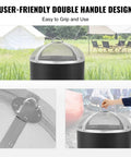 Round 27 Inch Fire Pit Spark Screen Built Tough With Ring Handle Heavy Duty Stainless Steel Cover staged in outdoor setting.