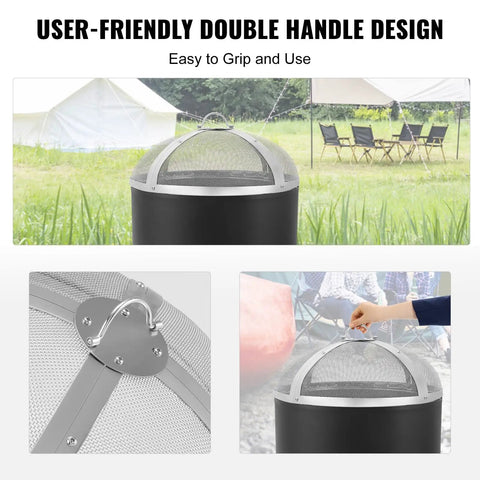 Round 27 Inch Fire Pit Spark Screen Built Tough With Ring Handle Heavy Duty Stainless Steel Cover staged in outdoor setting.