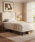 Modern Twin Bed Frame With Padded Wing Headboard And High Density Foam Upholstery Solid Wood Base Built Like A Tank Hella Comfy Zero Sag Bedroom Furniture Room Ready Design in a softly lit bedroom.