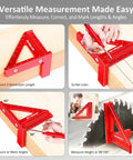 Mini 3D Multi Angle Measuring Square Ruler for Woodworking Pro Grade 0 to 90 Degree Carpenter Square Aluminum Alloy Layout Tool with Imperial Scales Scribing Holes and Pencil Refills Included showing various uses on wood and metal surfaces.