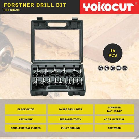 16 Piece Forstner Bit Set With Hex Shank Design, drill bits in a case, black oxide finish, for woodworking and DIY projects.
