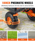 Heavy Duty Steel Garden Dump Cart That Hauls Big Loads With Eight Hundred Eighty Pound Capacity showing 10 inch wheels on various terrains