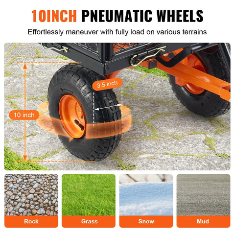Heavy Duty Steel Garden Dump Cart That Hauls Big Loads With Eight Hundred Eighty Pound Capacity showing 10 inch wheels on various terrains