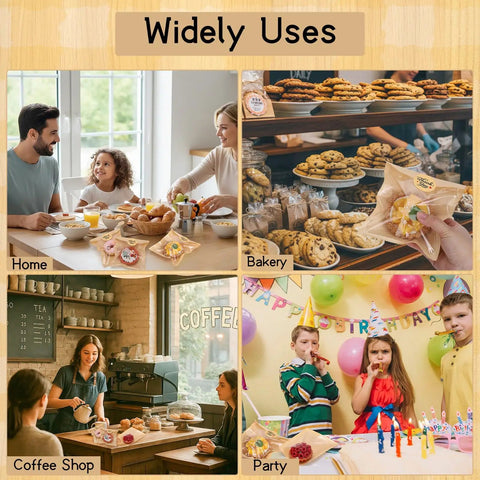 Collage showing 120 Pack Self Sealing Kraft Bakery Bags With Window 5.7x6.5 Inches Heat Sealable And Grease Resistant at home, bakery, coffee shop, and party settings.