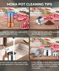 Moka pot cleaning tips image showing a 12 Cup Moka Pot Stainless Steel Coffee Maker Stovetop Espresso Coffeemaker with cleaning steps.