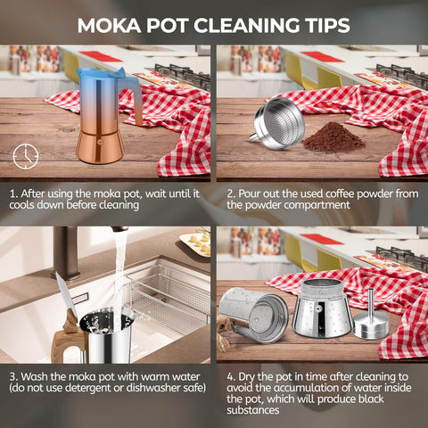 Moka pot cleaning tips image showing a 12 Cup Moka Pot Stainless Steel Coffee Maker Stovetop Espresso Coffeemaker with cleaning steps.