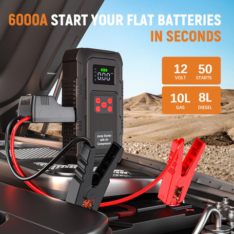 6000A Jump Starter With Air Compressor For Cars And Trucks, 150 PSI Tire Inflator, 12V Power Bank Jump Box With LCD Display