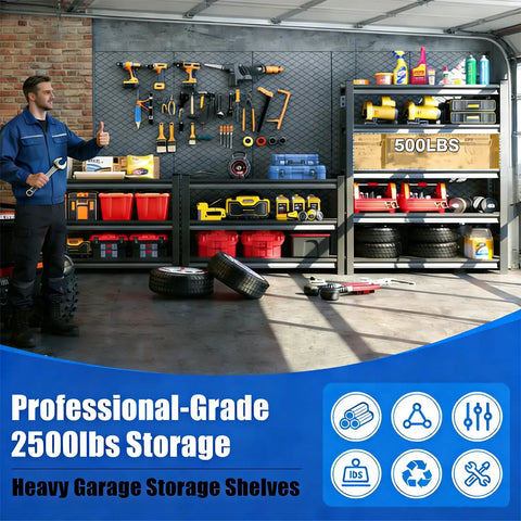 Heavy Duty 5 Tier Metal Garage Shelving Unit, 36 Inch Wide, 16 Inch Deep Steel Storage Racks, Adjustable Shelves, Built To Hold Up To 2500 Lbs, Ideal For Garage, Workshop, Pantry, Kitchen, And Warehouse, Black, in garage