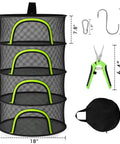 Four Layer 18 Inch Hanging Mesh Herb Drying Rack With Zipper, hook, carabiner clip, trimmer scissors, and storage bag shown