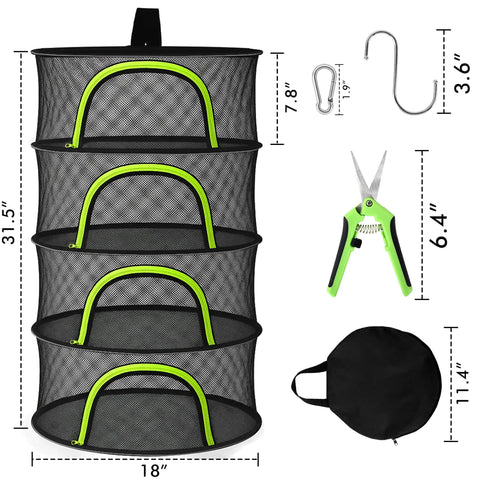 Four Layer 18 Inch Hanging Mesh Herb Drying Rack With Zipper, hook, carabiner clip, trimmer scissors, and storage bag shown