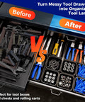 Tool drawer before and after using Sixteen Piece Extra Small Parts Organizer Trays For Nuts Bolts Screws Washers And Electrical Connectors