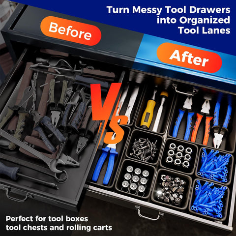 Comparison of messy drawer before and organized tools with Six Large Tool Box Organizer Trays With EVA Non Slip Pads