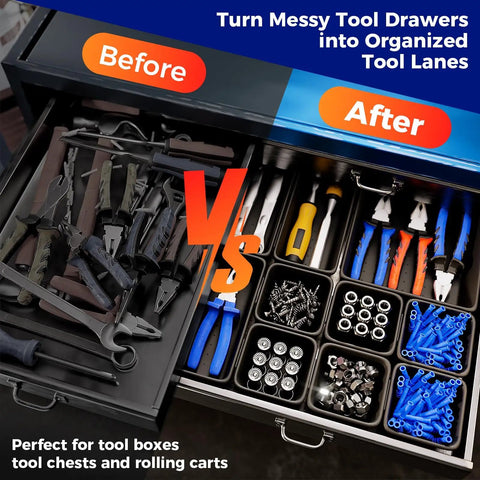 70 Piece Tool Box Organizer Tray Set With Interlocking Bins For Garage Storage And Desk Drawers, shown organizing tools.