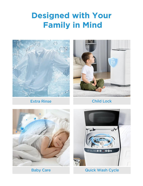 Top Shelf Portable Washer For Tiny Apartments And Studios White with quick wash cycle features and child lock displayed.