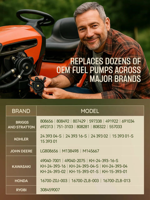 Person installing Universal Pulse Vacuum Fuel Pump on lawn mower, OEM replacement for 808492 808656 Mikuni Kohler 7000 Series Predator 212