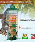 Weight Activated Squirrel Proof Bird Feeder For Outdoors Hanging With 3Lb Capacity And Four Ports, All Weather Tube Feeder Keeps Squirrels Out So Cardinals, Bluebirds And Finches Enjoy A No Fuss Clean Feed with diagram showing squirrel on feeder