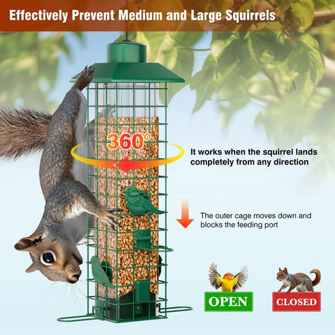 Weight Activated Squirrel Proof Bird Feeder For Outdoors Hanging With 3Lb Capacity And Four Ports, All Weather Tube Feeder Keeps Squirrels Out So Cardinals, Bluebirds And Finches Enjoy A No Fuss Clean Feed with diagram showing squirrel on feeder