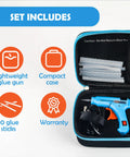 Super Reliable Heavy Duty Mini Hot Glue Gun Kit With Rugged Travel Case And Ten Clear Adhesive Sticks Built For Lightning Repairs Weekend Tinkering And Classroom Tasks In Bright Blue, compact case with glue gun and accessories.