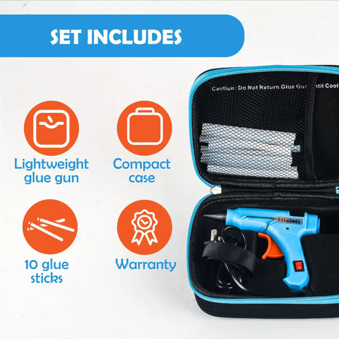 Super Reliable Heavy Duty Mini Hot Glue Gun Kit With Rugged Travel Case And Ten Clear Adhesive Sticks Built For Lightning Repairs Weekend Tinkering And Classroom Tasks In Bright Blue, compact case with glue gun and accessories.