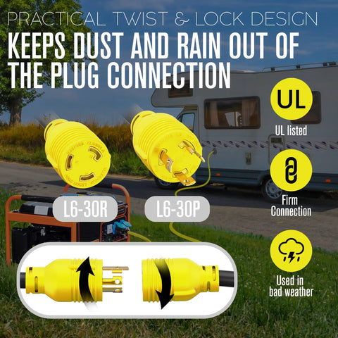 Heavy Duty 30 Amp L6 30 Generator Cable 25 Foot Extension Cord With 3 Prong 250V NEMA Twist Lock RV Ready UL ETL Listed 10 Gauge All Weather Indoor Outdoor Use shown near RV and generator with twist-lock plug detail