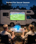 Camping scene with 8 Inch Clip On Fan With 10000mAh Battery, All Day Cordless Power, Strong Airflow next to outdoor projector fan