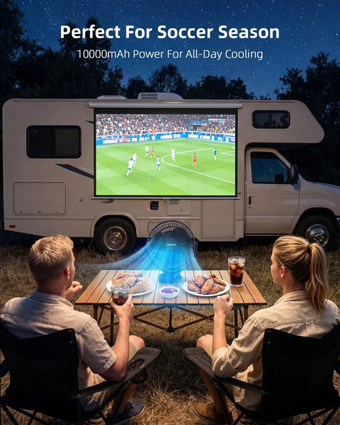 Camping scene with 8 Inch Clip On Fan With 10000mAh Battery, All Day Cordless Power, Strong Airflow next to outdoor projector fan