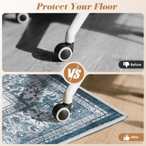 Comparison of chair wheel on hardwood floor vs. on No Slip Office Chair Mat For Hardwood And Tile Floors 36 By 48 Inches Under Desk Carpet Protector For Rolling Computer Chairs Wheels Quiet Rolling And Floor Protection Machine Washable Chenille Blue.