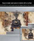 Vintage Locomotive Steam Train Wall Mural For Living Room And Bedroom, 3D Train Wallpaper Large 59x39.4 Inches on wall