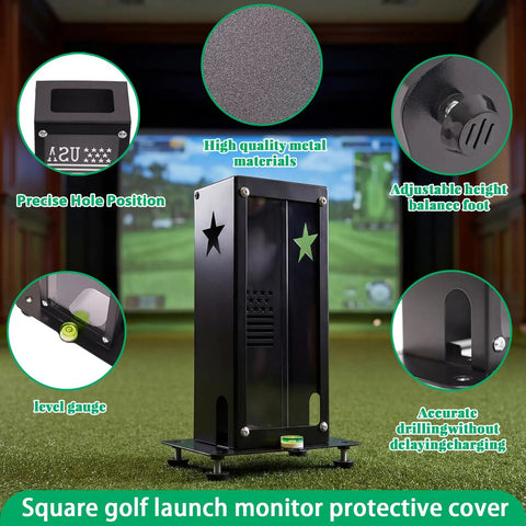 Black Protective Shield For Square Golf Launch Monitor With Leveling And Ventilated Metal Case in golf simulator