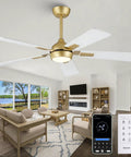 52 Inch White Gold Ceiling Fan With Light And Remote DC Motor 6 Speeds Reversible Dimmable 3CCT LED Modern Sleek Ceiling Fan for Living Room