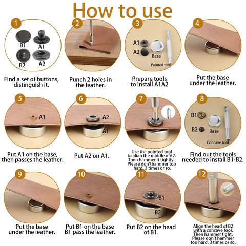 Installation guide for 12 Set 15mm Metal Snap Button Kit With 4 Install Tools For Leather Jackets Bags Fabric Jeans And DIY Sewing.