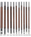 12 Piece Wood Carving Tools Set Featuring Premium Manganese Steel Blades And Solid Grips For Whittling Stamp Engraving And Wood Crafting, detailed view of various chisels and sizes.