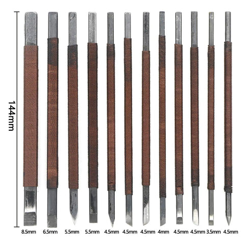 12 Piece Wood Carving Tools Set Featuring Premium Manganese Steel Blades And Solid Grips For Whittling Stamp Engraving And Wood Crafting, detailed view of various chisels and sizes.