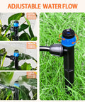 55 Piece Drip Emitter Stakes Kit With 360 Degree Adjustable Flow Fan Sprayer demonstrating adjustable water flow on grass and plants