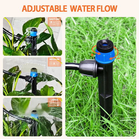 55 Piece Drip Emitter Stakes Kit With 360 Degree Adjustable Flow Fan Sprayer demonstrating adjustable water flow on grass and plants